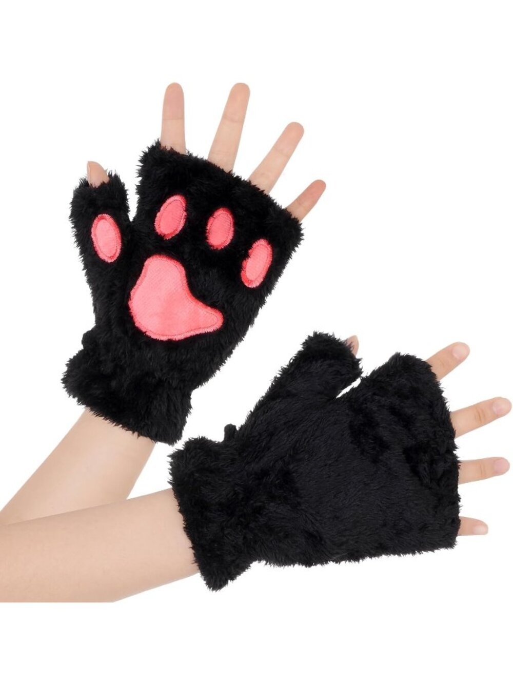 Women's Black Fluffy winter mittens soft pink cat paw half-finger Gloves
